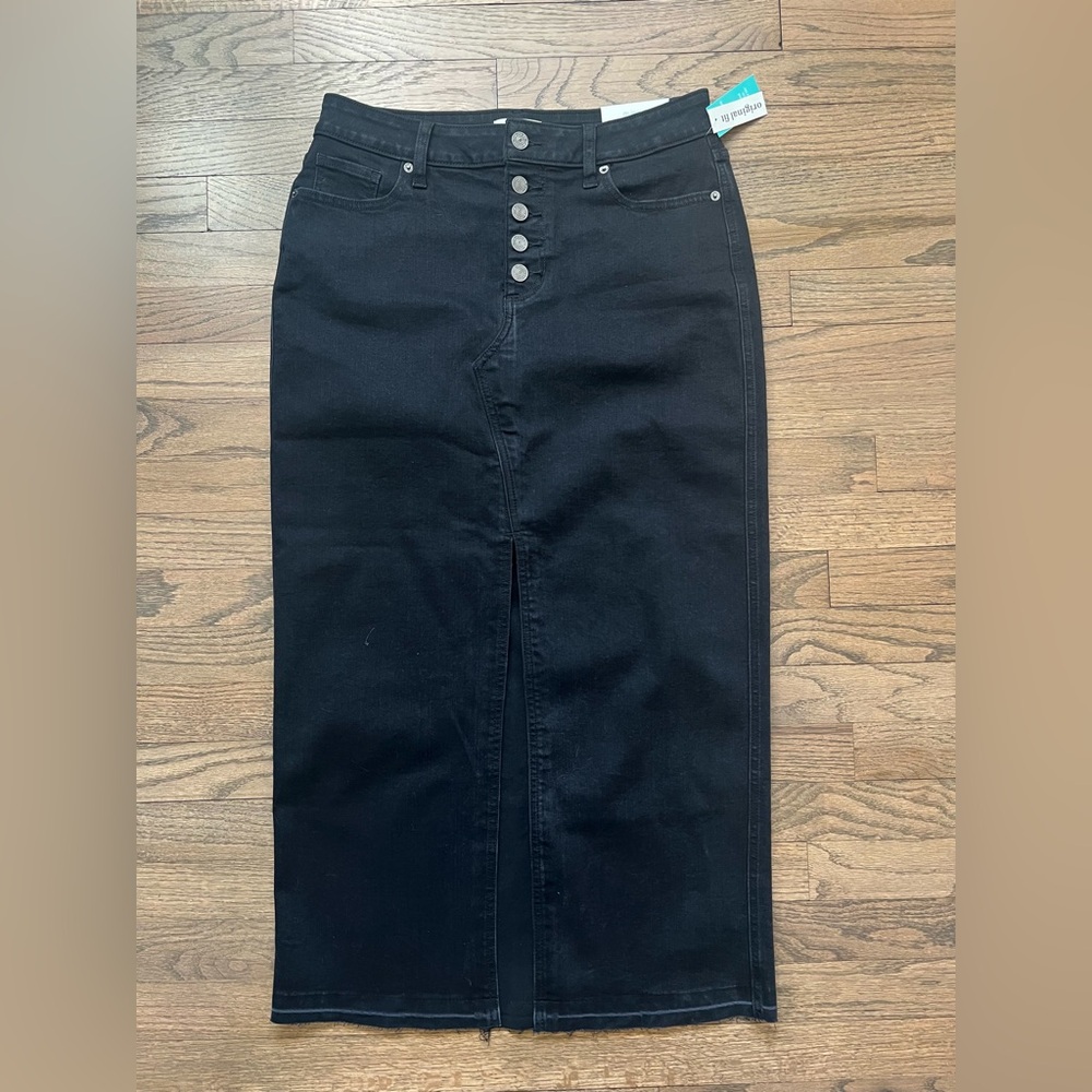 Maurice Black High Rise Button Fly Denim Maxi Skirt
